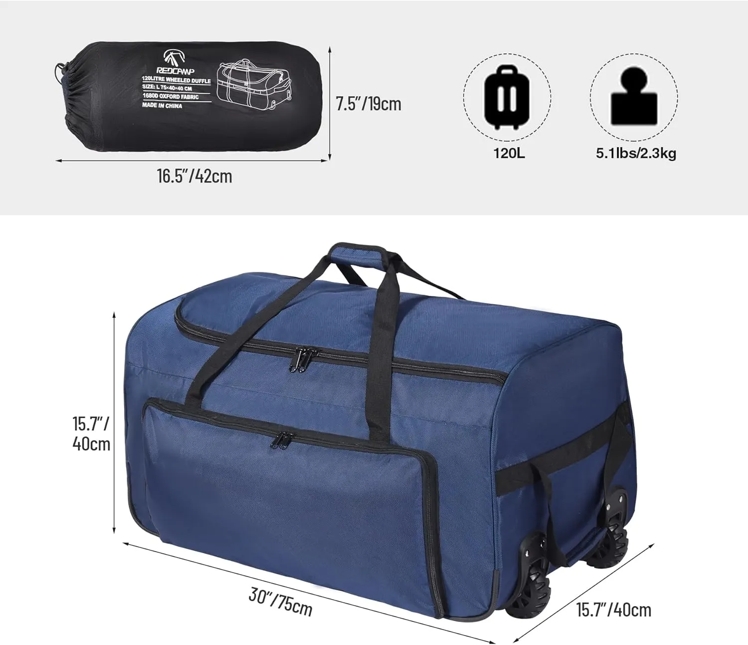 120L Foldable Duffle Bag with Wheels, Protable Rolling Travel Bag with Multiple Compartments for Travel,Sports,Camping