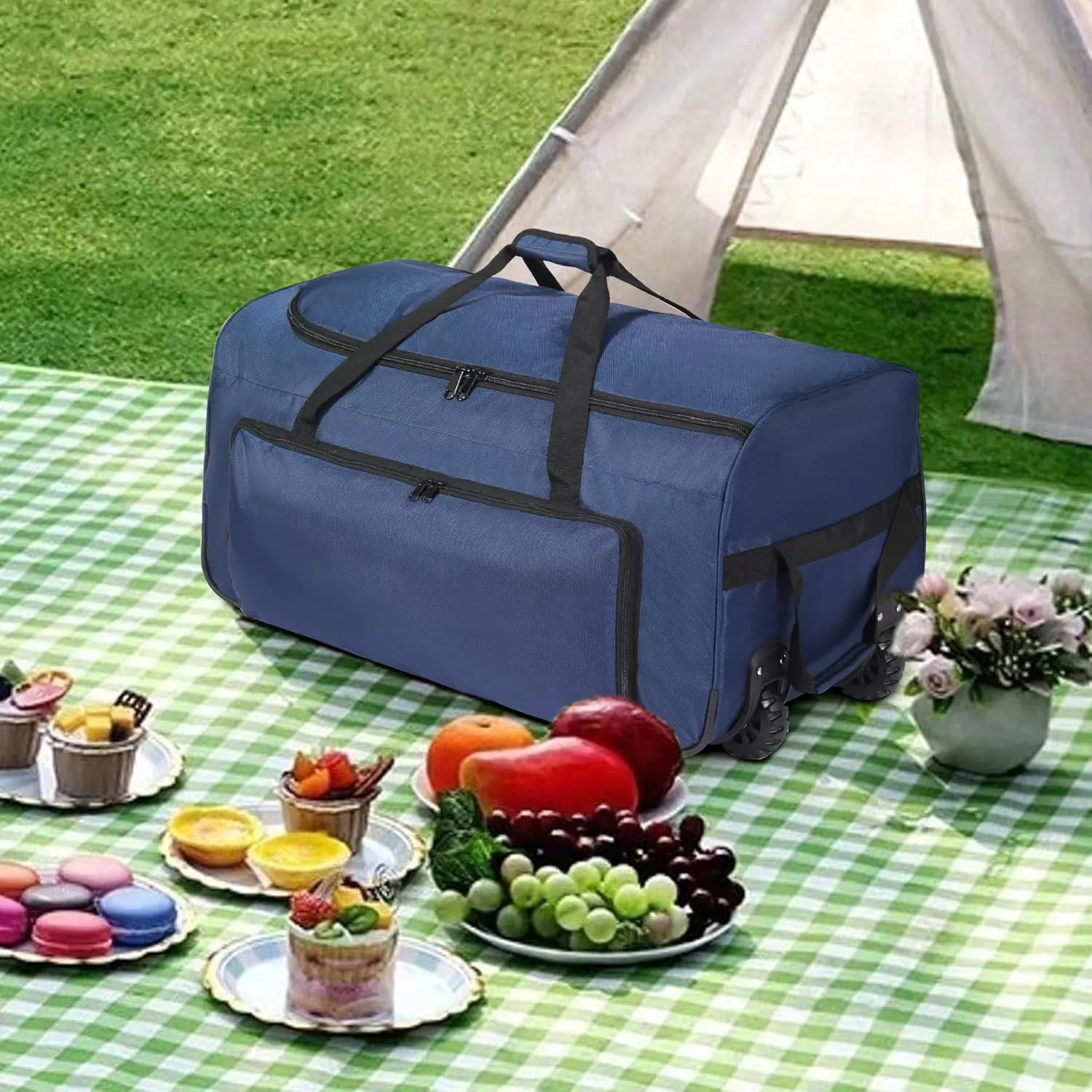 120L Foldable Duffle Bag with Wheels, Protable Rolling Travel Bag with Multiple Compartments for Travel,Sports,Camping