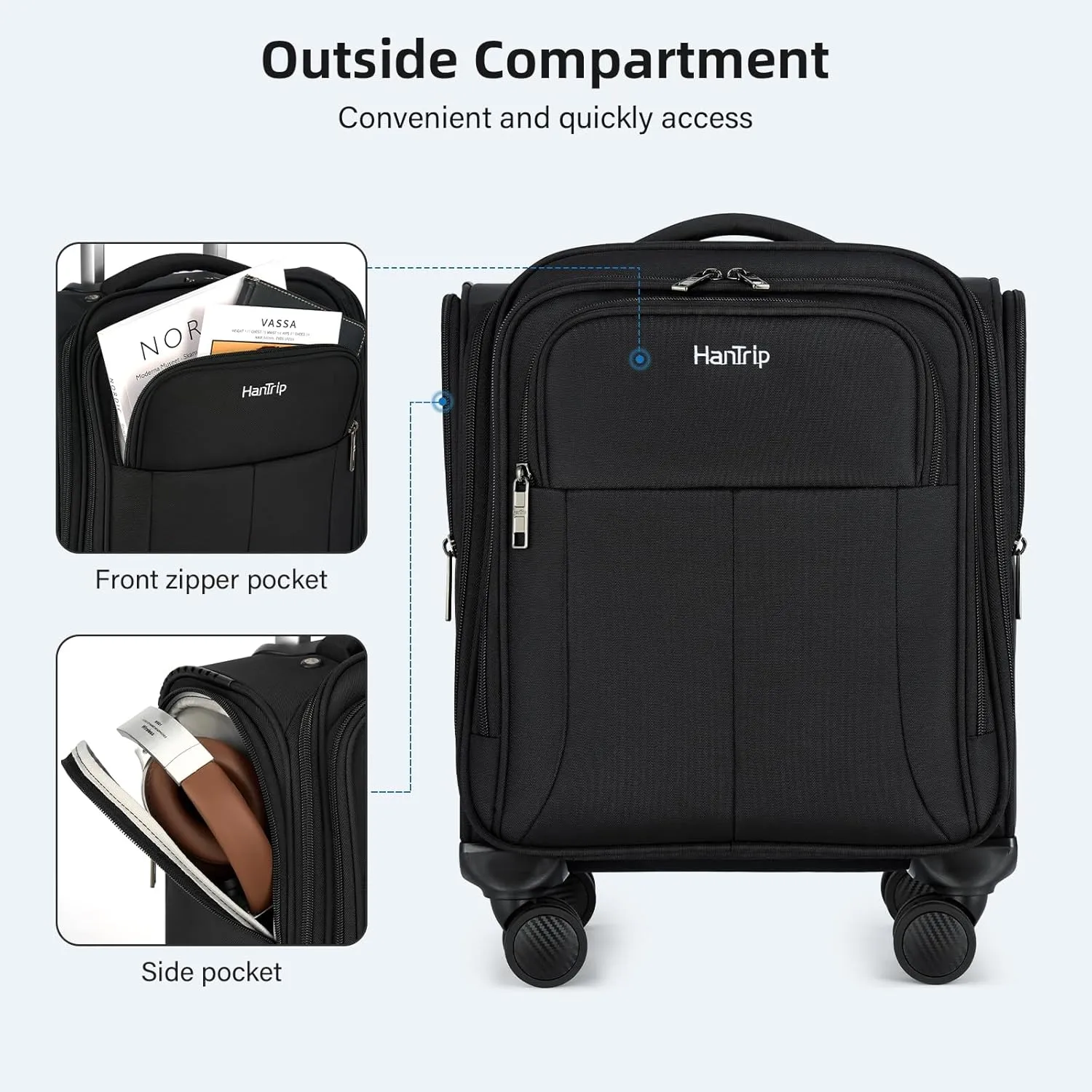 16 Inch Underseat Carry On Luggage with Wheels Softside Small Suitcases Personal Item Bag with Pocket Travel Luggage for Men Women Business Overnight Bag (Black)