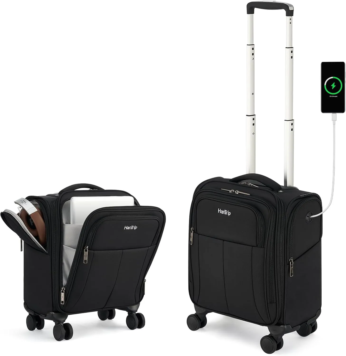 16 Inch Underseat Carry On Luggage with Wheels Softside Small Suitcases Personal Item Bag with Pocket Travel Luggage for Men Women Business Overnight Bag (Black)
