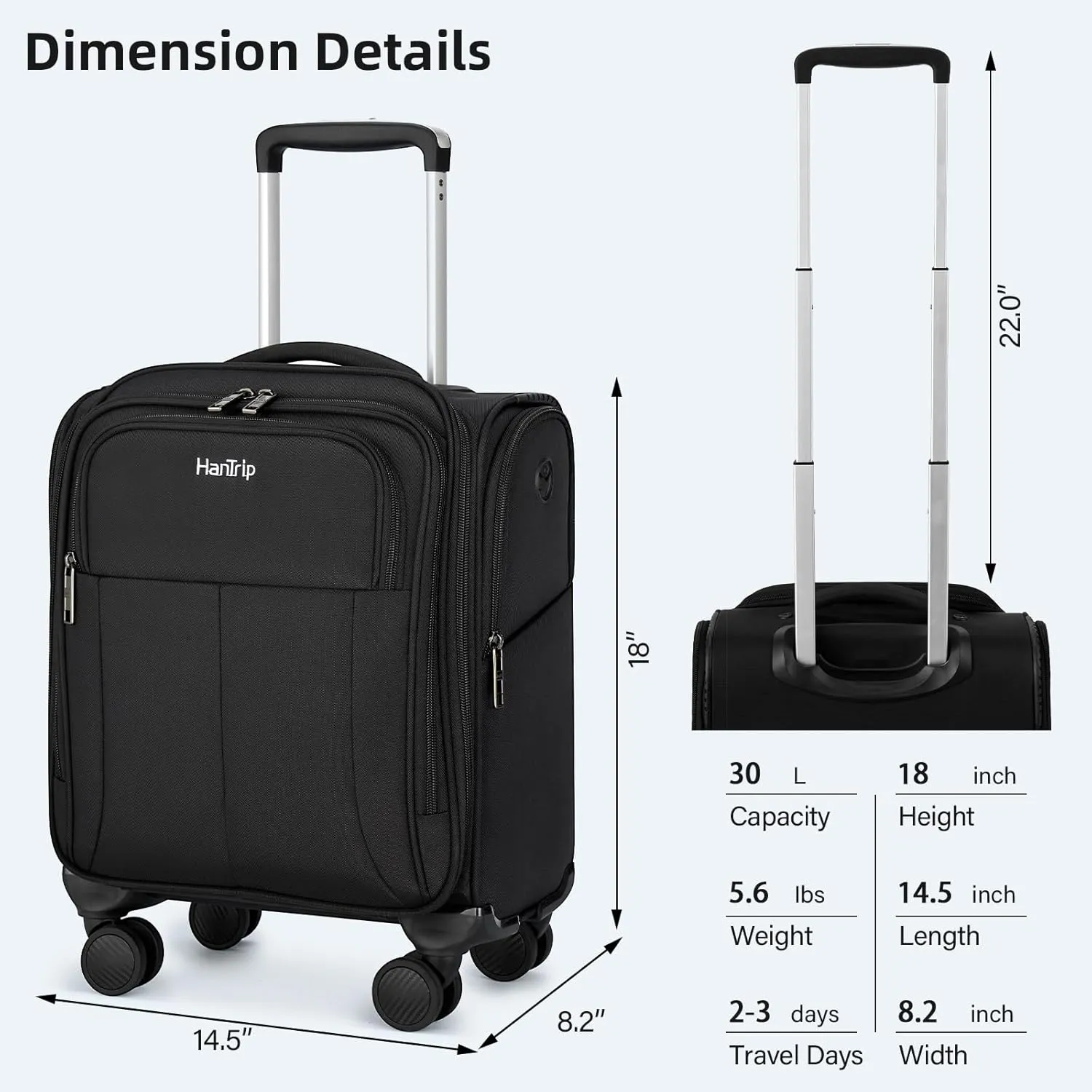 16 Inch Underseat Carry On Luggage with Wheels Softside Small Suitcases Personal Item Bag with Pocket Travel Luggage for Men Women Business Overnight Bag (Black)