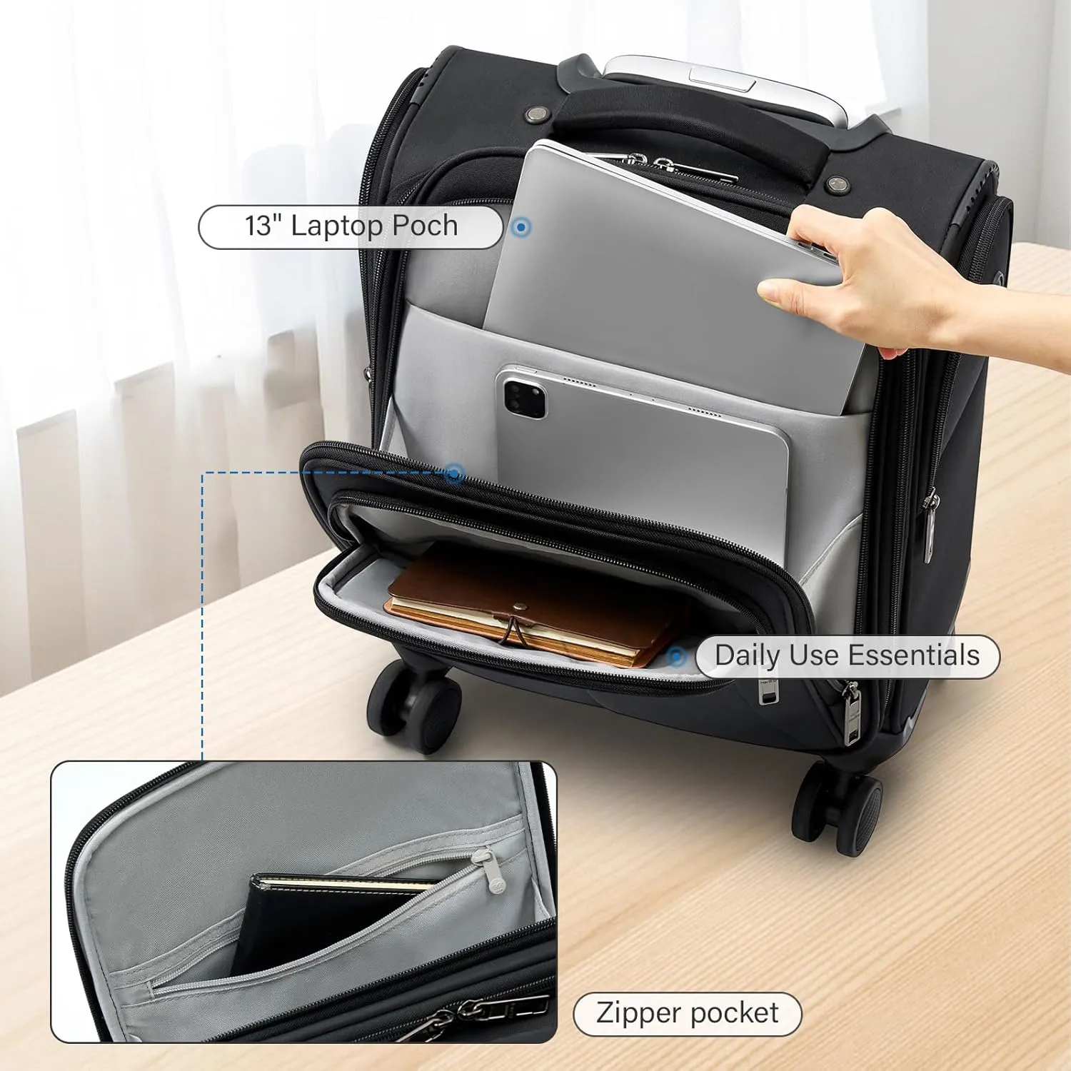 16 Inch Underseat Carry On Luggage with Wheels Softside Small Suitcases Personal Item Bag with Pocket Travel Luggage for Men Women Business Overnight Bag (Black)