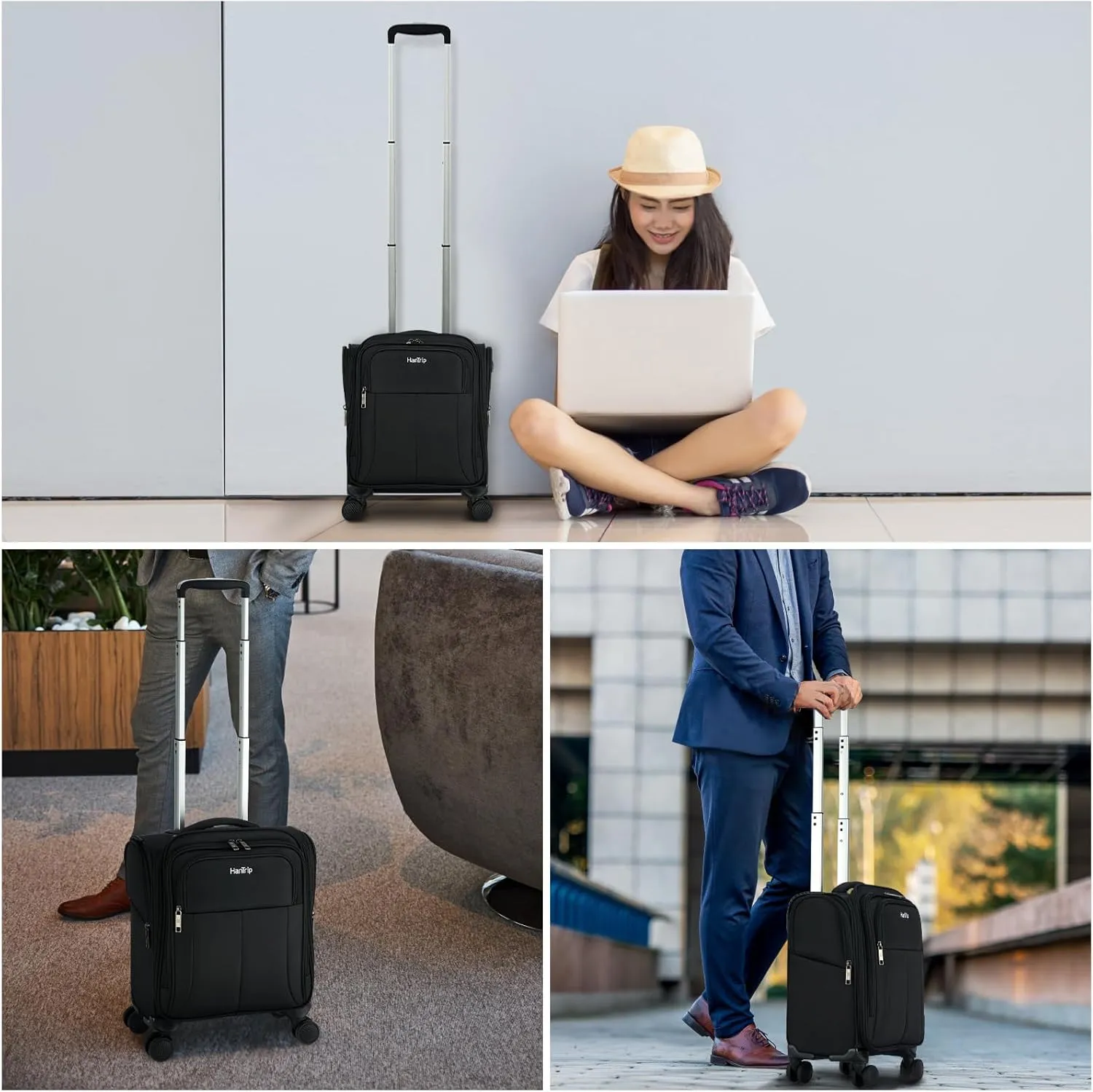16 Inch Underseat Carry On Luggage with Wheels Softside Small Suitcases Personal Item Bag with Pocket Travel Luggage for Men Women Business Overnight Bag (Black)