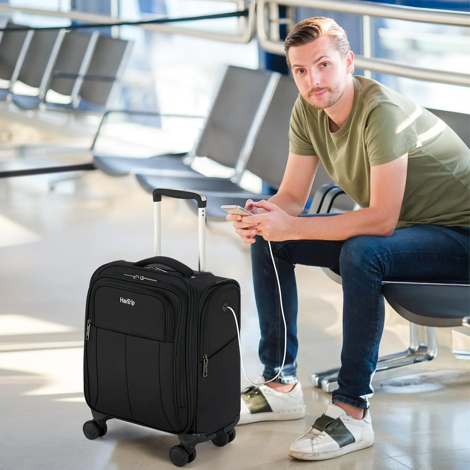 16 Inch Underseat Carry On Luggage with Wheels Softside Small Suitcases Personal Item Bag with Pocket Travel Luggage for Men Women Business Overnight Bag (Black)