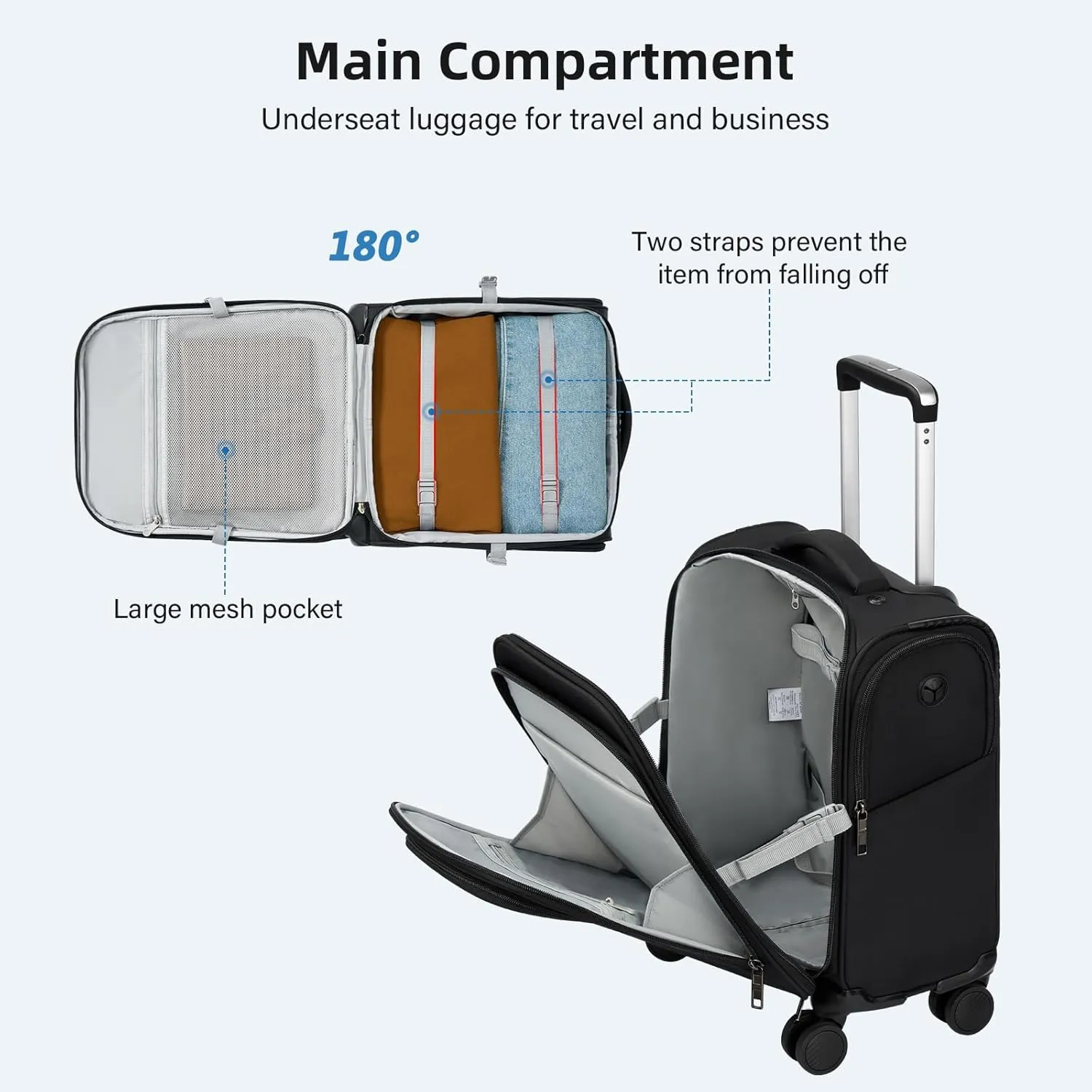 16 Inch Underseat Carry On Luggage with Wheels Softside Small Suitcases Personal Item Bag with Pocket Travel Luggage for Men Women Business Overnight Bag (Black)
