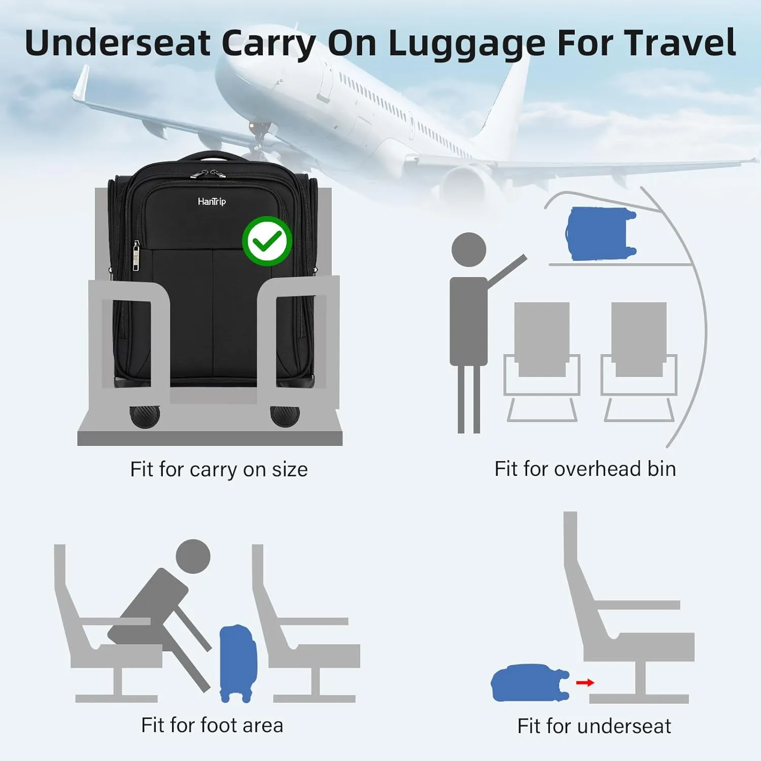 16 Inch Underseat Carry On Luggage with Wheels Softside Small Suitcases Personal Item Bag with Pocket Travel Luggage for Men Women Business Overnight Bag (Black)