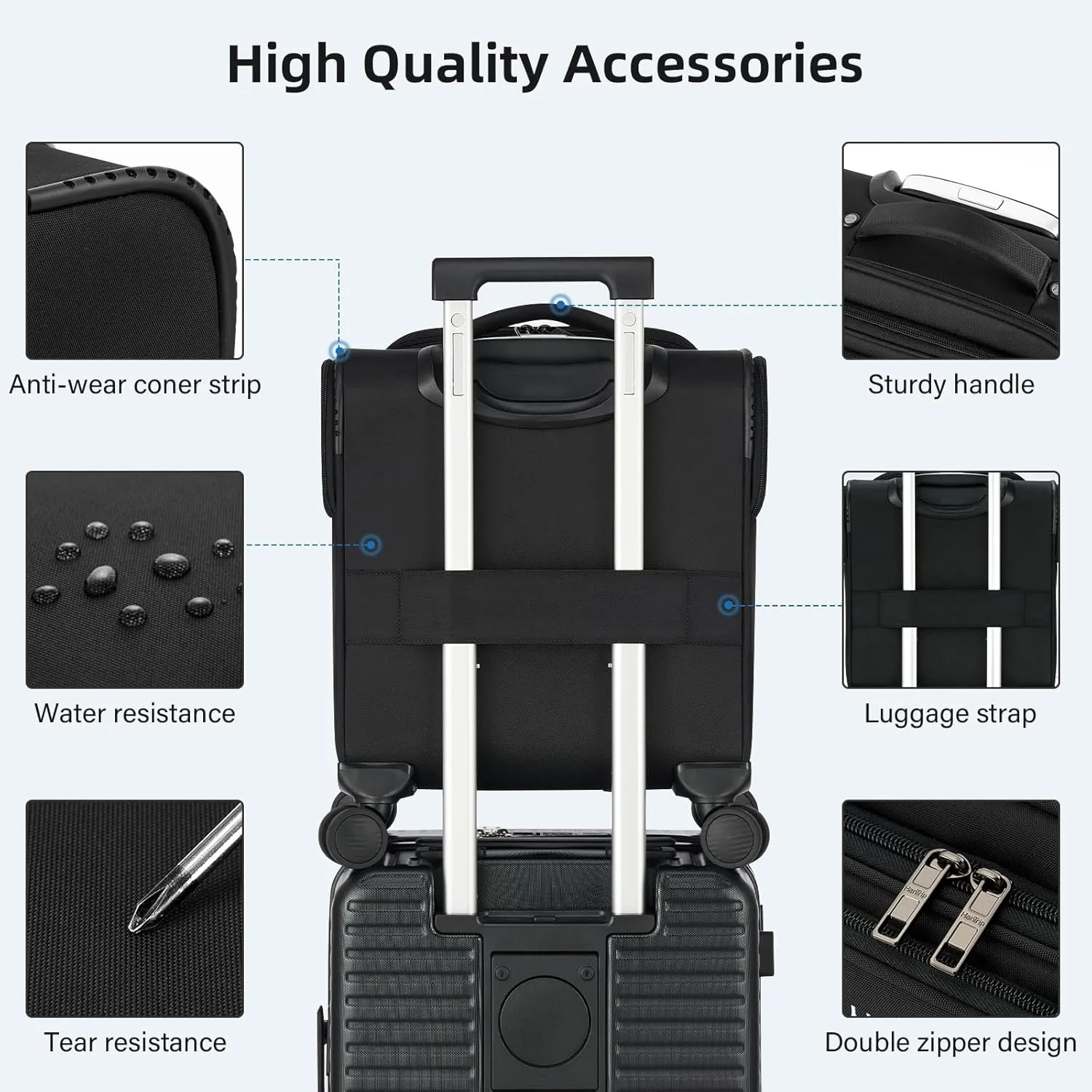 16 Inch Underseat Carry On Luggage with Wheels Softside Small Suitcases Personal Item Bag with Pocket Travel Luggage for Men Women Business Overnight Bag (Black)