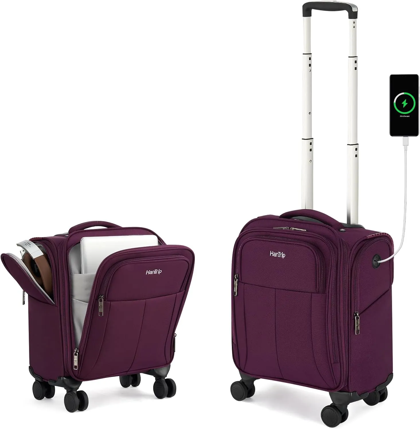 16 Inch Underseat Carry On Luggage with Wheels Softside Small Suitcases Personal Item Bag with Pocket Travel Luggage for Men Women Business Overnight Bag (Purple)