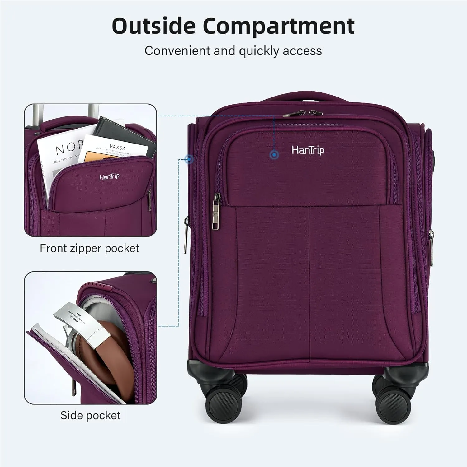 16 Inch Underseat Carry On Luggage with Wheels Softside Small Suitcases Personal Item Bag with Pocket Travel Luggage for Men Women Business Overnight Bag (Purple)