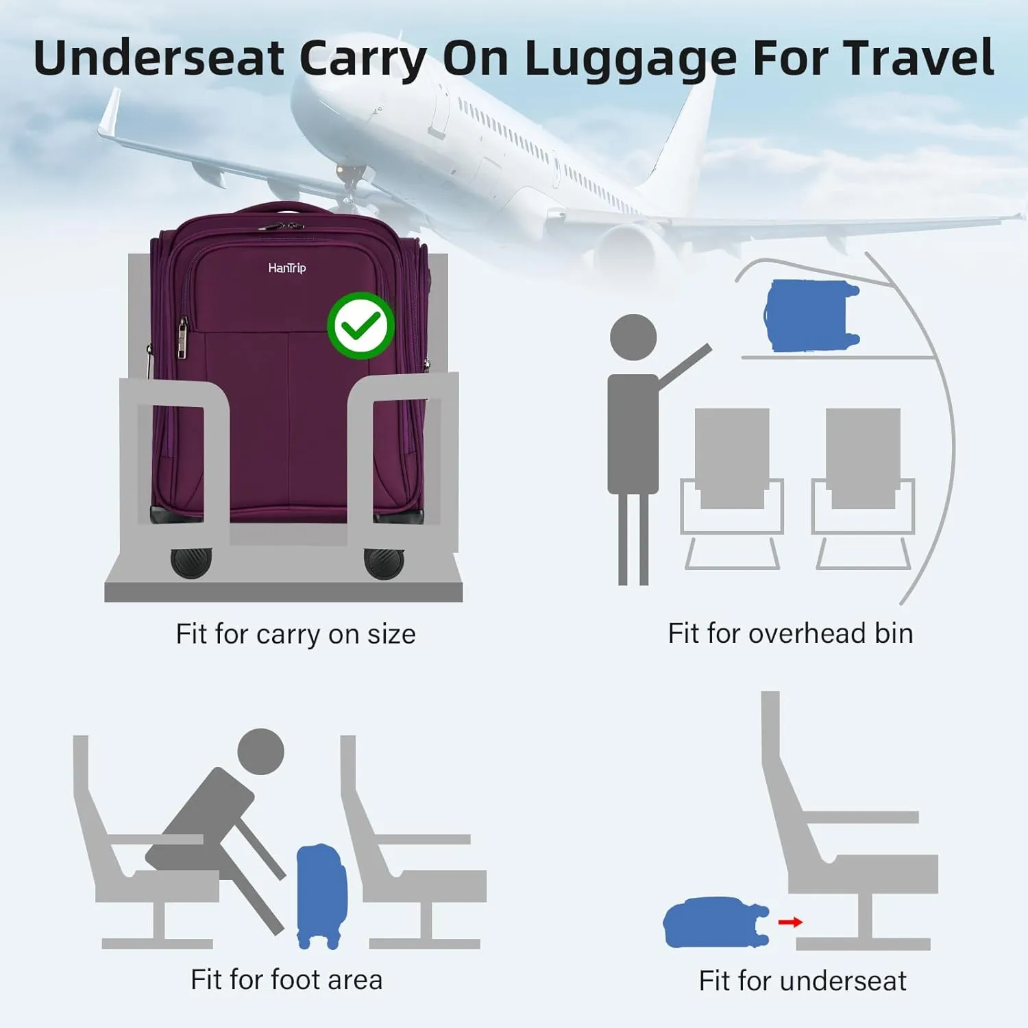 16 Inch Underseat Carry On Luggage with Wheels Softside Small Suitcases Personal Item Bag with Pocket Travel Luggage for Men Women Business Overnight Bag (Purple)