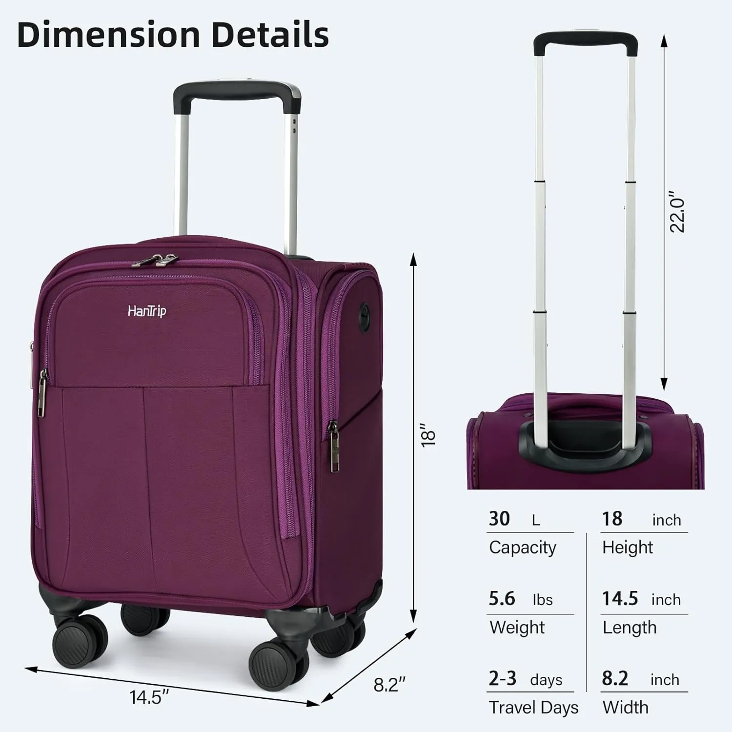 16 Inch Underseat Carry On Luggage with Wheels Softside Small Suitcases Personal Item Bag with Pocket Travel Luggage for Men Women Business Overnight Bag (Purple)