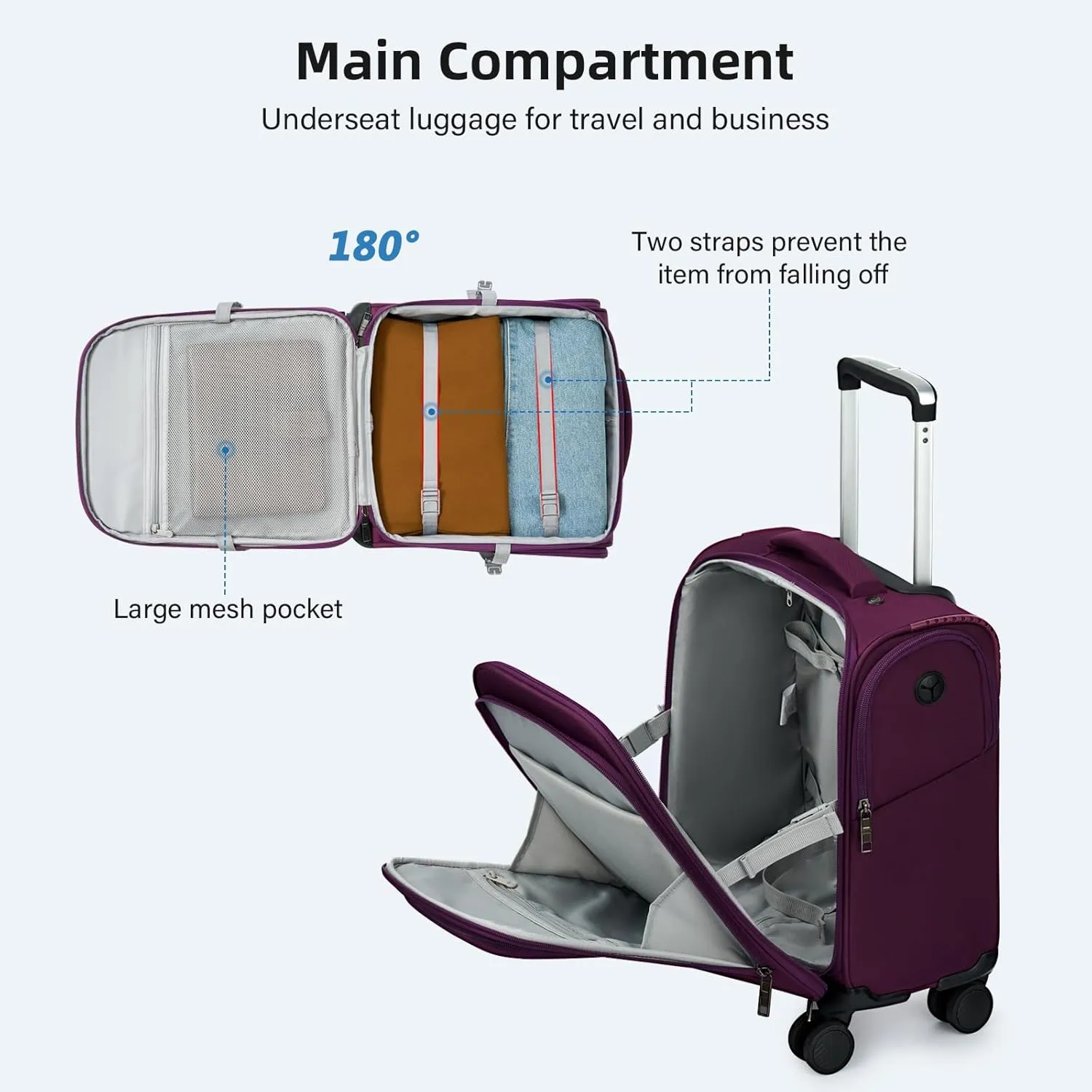 16 Inch Underseat Carry On Luggage with Wheels Softside Small Suitcases Personal Item Bag with Pocket Travel Luggage for Men Women Business Overnight Bag (Purple)