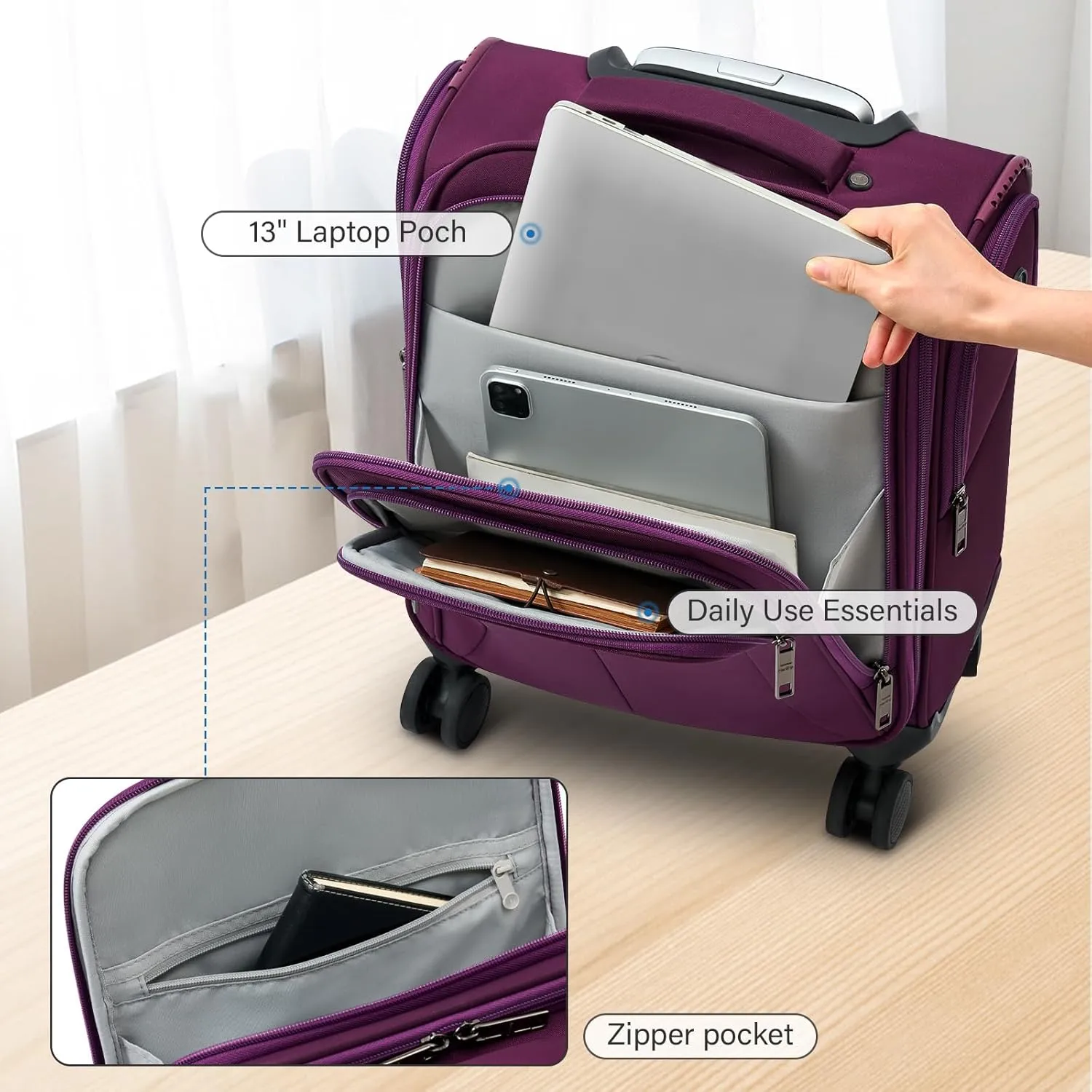 16 Inch Underseat Carry On Luggage with Wheels Softside Small Suitcases Personal Item Bag with Pocket Travel Luggage for Men Women Business Overnight Bag (Purple)
