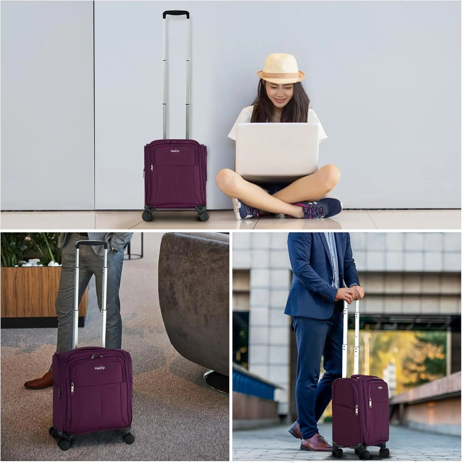 16 Inch Underseat Carry On Luggage with Wheels Softside Small Suitcases Personal Item Bag with Pocket Travel Luggage for Men Women Business Overnight Bag (Purple)
