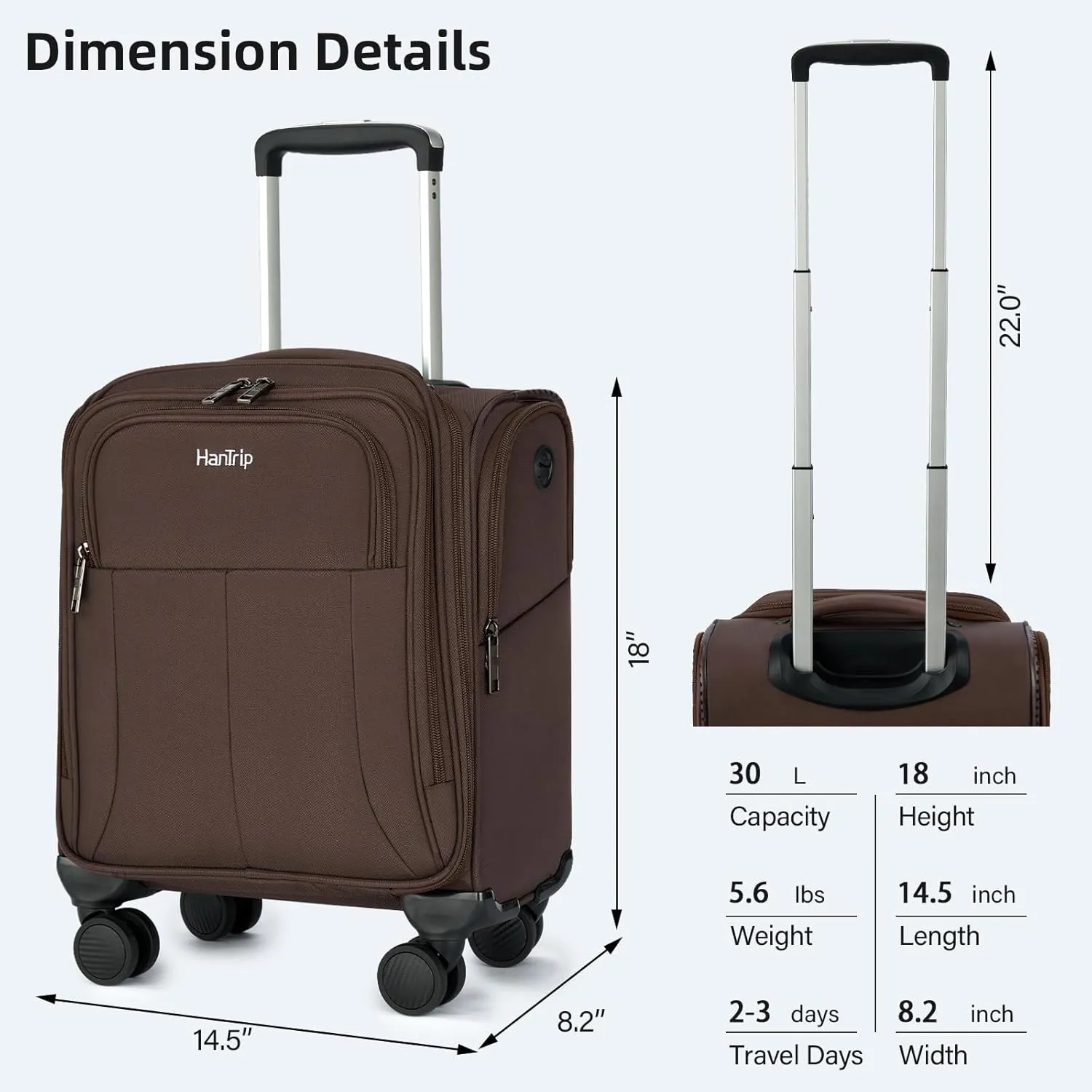 16 Inch Underseat Carry On Luggage with Wheels Softside Small Suitcases Personal Item Bag with Pocket Travel Luggage for Men Women Business Overnight Bag(Coffee)