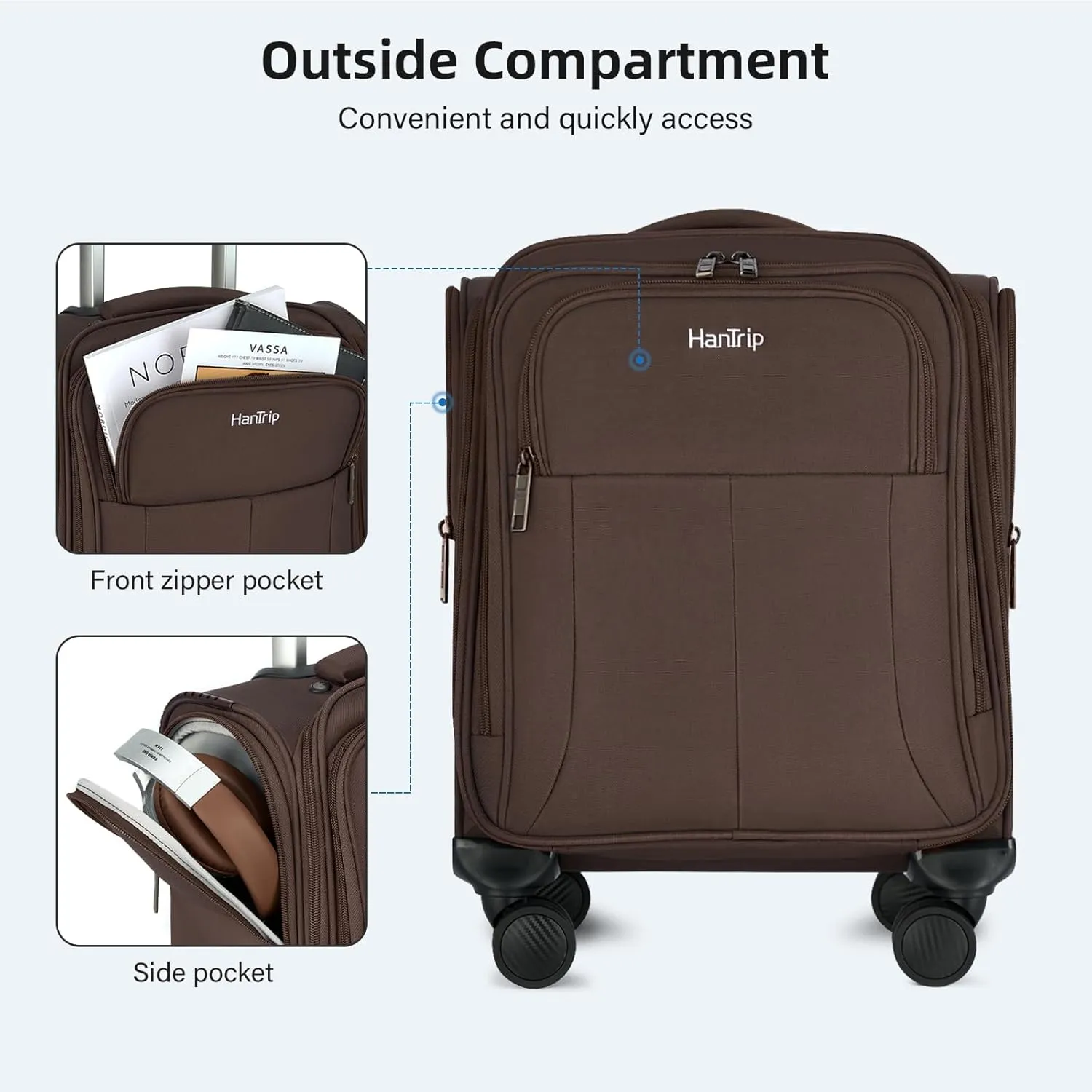 16 Inch Underseat Carry On Luggage with Wheels Softside Small Suitcases Personal Item Bag with Pocket Travel Luggage for Men Women Business Overnight Bag(Coffee)