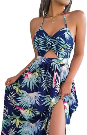 2023 Printed V Neck Backless Camisole Dress Tie Pleated Sexy Cocktail Maxi Dress