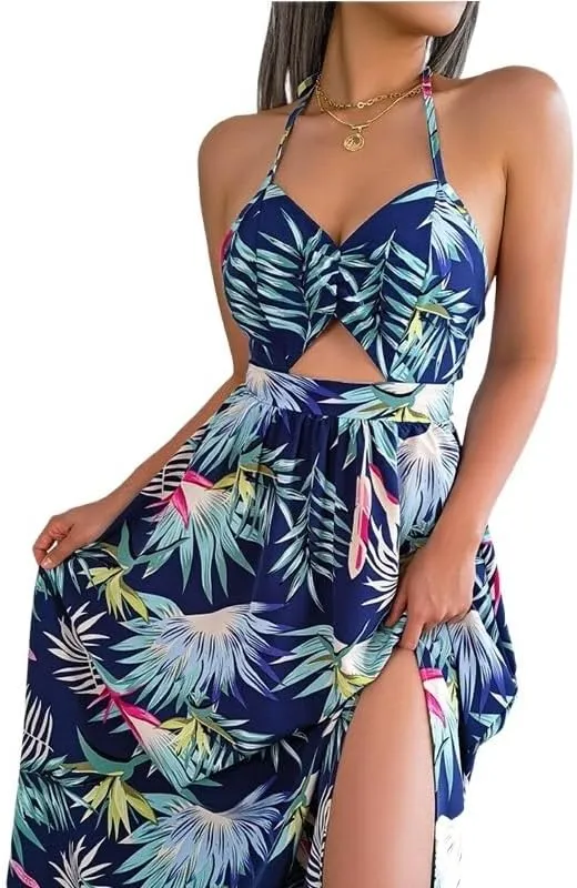 2023 Printed V Neck Backless Camisole Dress Tie Pleated Sexy Cocktail Maxi Dress