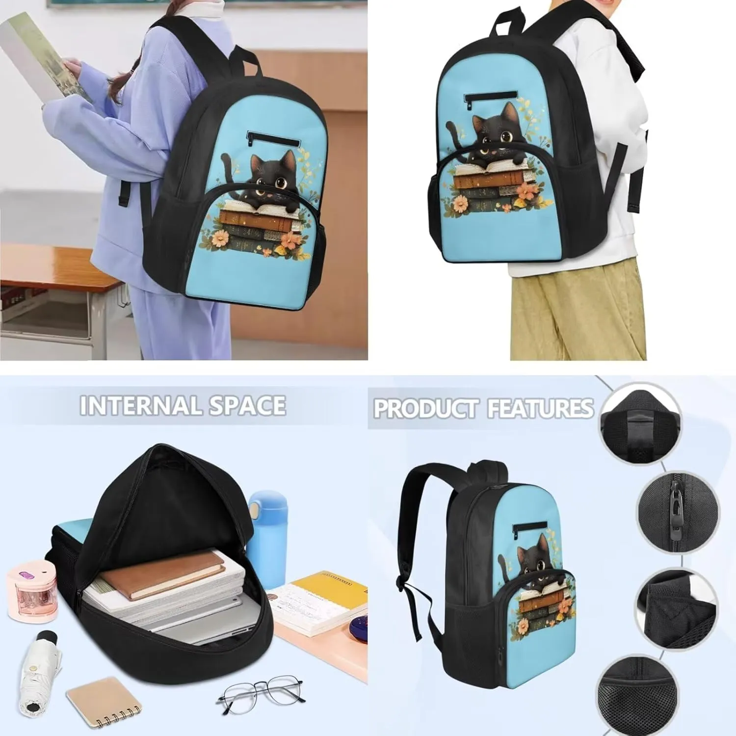 3 in 1 Cat Backpack and Lunch Box Set School Pencil Box Backpacks for Girls 12-14 Thermos Lunch Bag for Kids Large Capacity Backpack for School