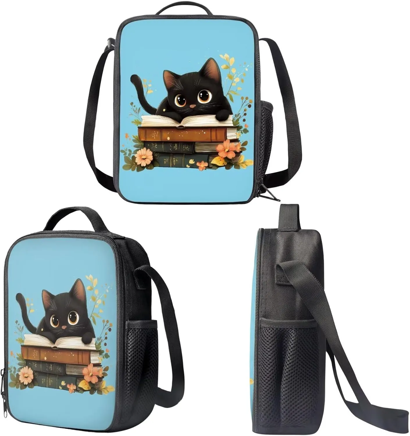 3 in 1 Cat Backpack and Lunch Box Set School Pencil Box Backpacks for Girls 12-14 Thermos Lunch Bag for Kids Large Capacity Backpack for School