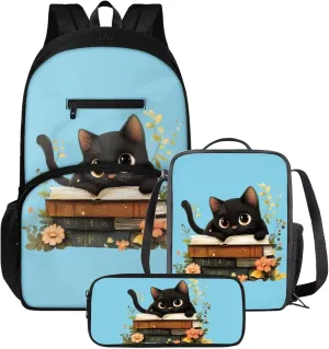 3 in 1 Cat Backpack and Lunch Box Set School Pencil Box Backpacks for Girls 12-14 Thermos Lunch Bag for Kids Large Capacity Backpack for School