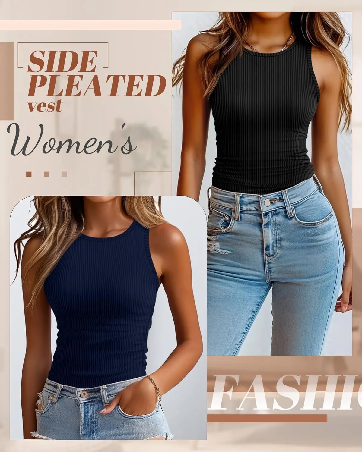 3 Pack Women's Sleeveless Tank Tops, Ribbed Knit Slim Fit Crew Neck Tops Side Ruched Summer Racerback Workout Shirts