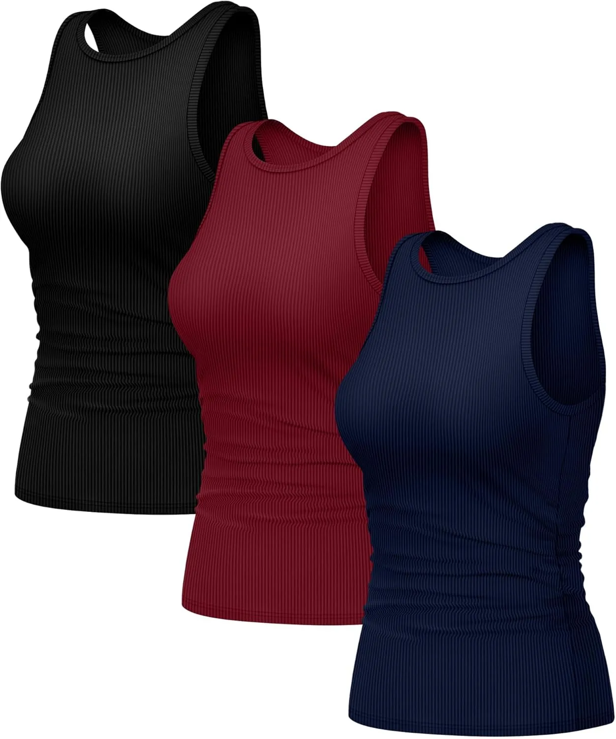 3 Pack Women's Sleeveless Tank Tops, Ribbed Knit Slim Fit Crew Neck Tops Side Ruched Summer Racerback Workout Shirts