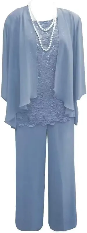 3 Pcs Mother of The Bride Pant Suits for Wedding Long Sleeve Chiffon Formal Evening Gowns with Jacket
