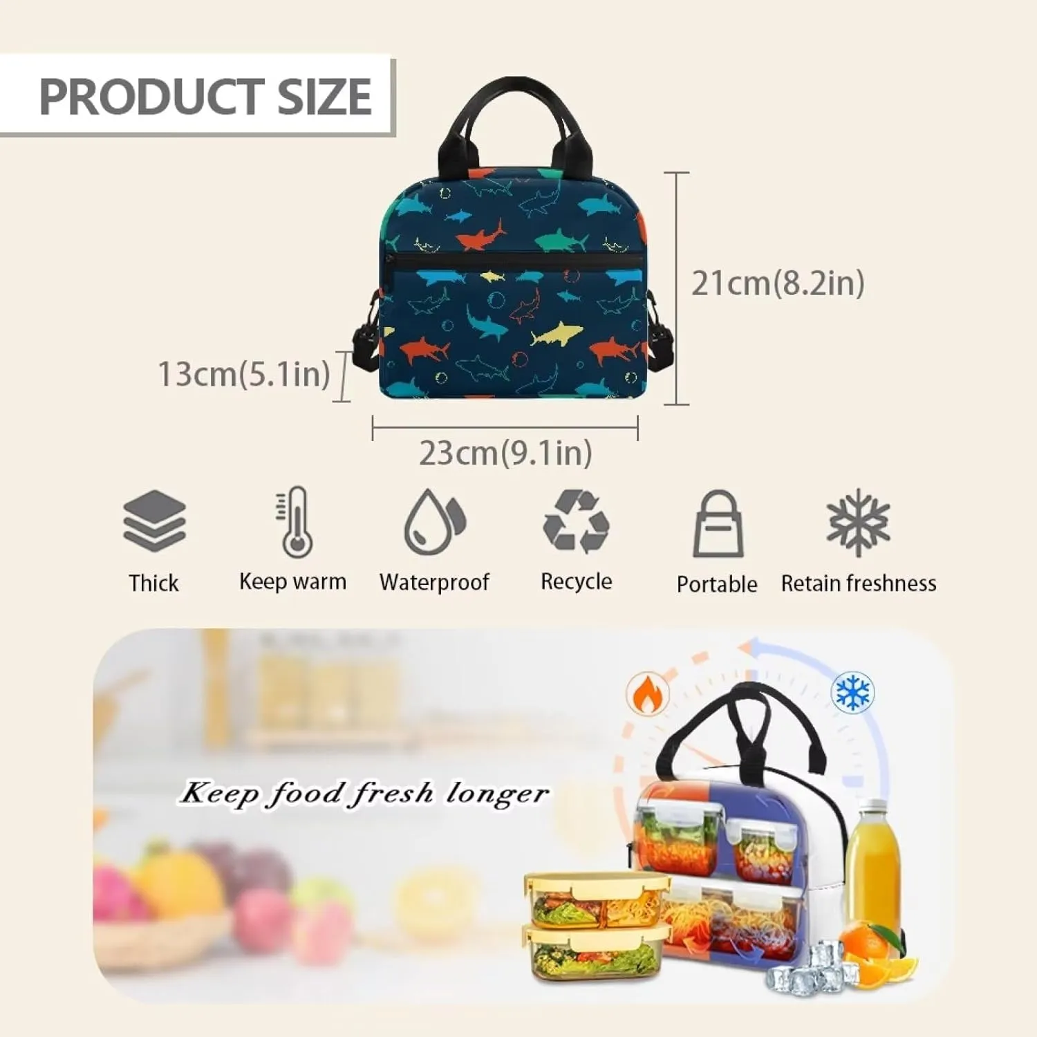 3 Piece Backpack Set for Boys Shark Pencil Pouch Kids Bookbag with Insulated Lunch Bag Large Bookbag Pencil Case Lunch Box Crossbody