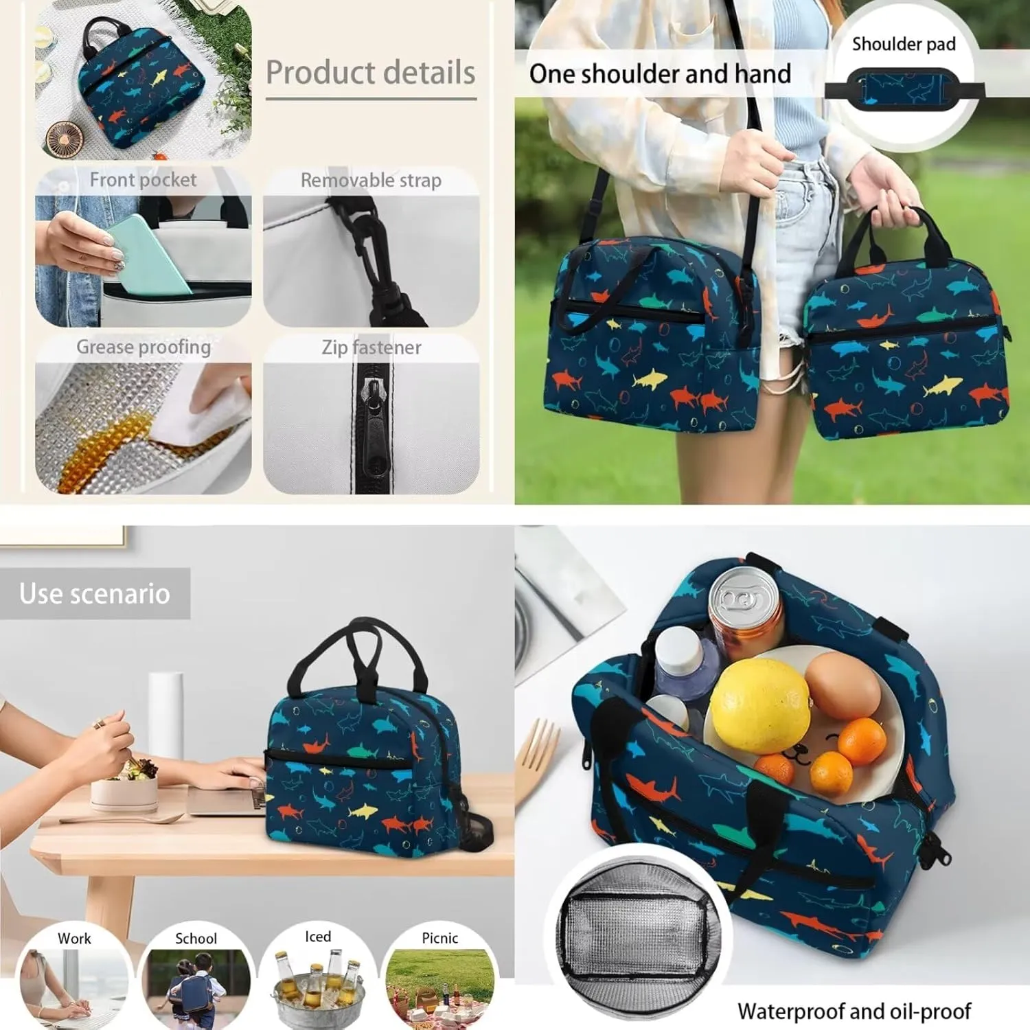 3 Piece Backpack Set for Boys Shark Pencil Pouch Kids Bookbag with Insulated Lunch Bag Large Bookbag Pencil Case Lunch Box Crossbody