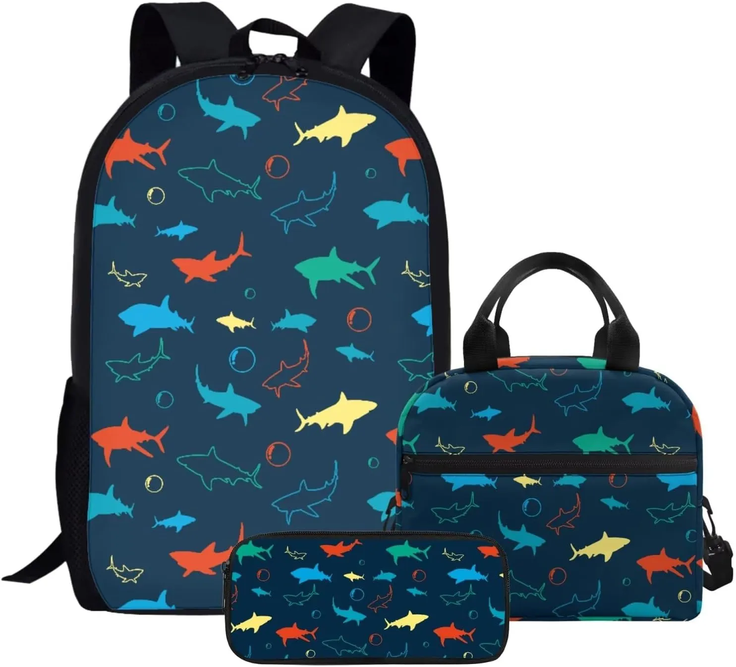 3 Piece Backpack Set for Boys Shark Pencil Pouch Kids Bookbag with Insulated Lunch Bag Large Bookbag Pencil Case Lunch Box Crossbody