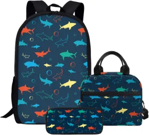 3 Piece Backpack Set for Boys Shark Pencil Pouch Kids Bookbag with Insulated Lunch Bag Large Bookbag Pencil Case Lunch Box Crossbody