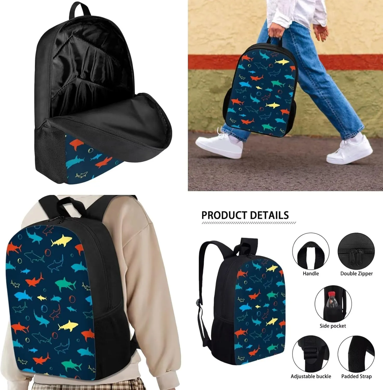 3 Piece Backpack Set for Boys Shark Pencil Pouch Kids Bookbag with Insulated Lunch Bag Large Bookbag Pencil Case Lunch Box Crossbody