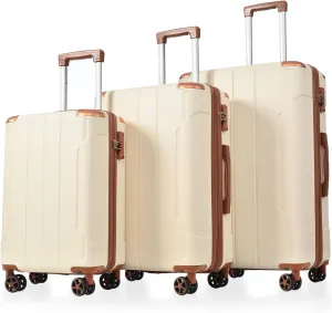 3-Piece Luggage Set for Family Adventures, Expandable Hard Shell ABS Suitcases with Double Spinner Wheels, 20/24/28 inch, White Brown