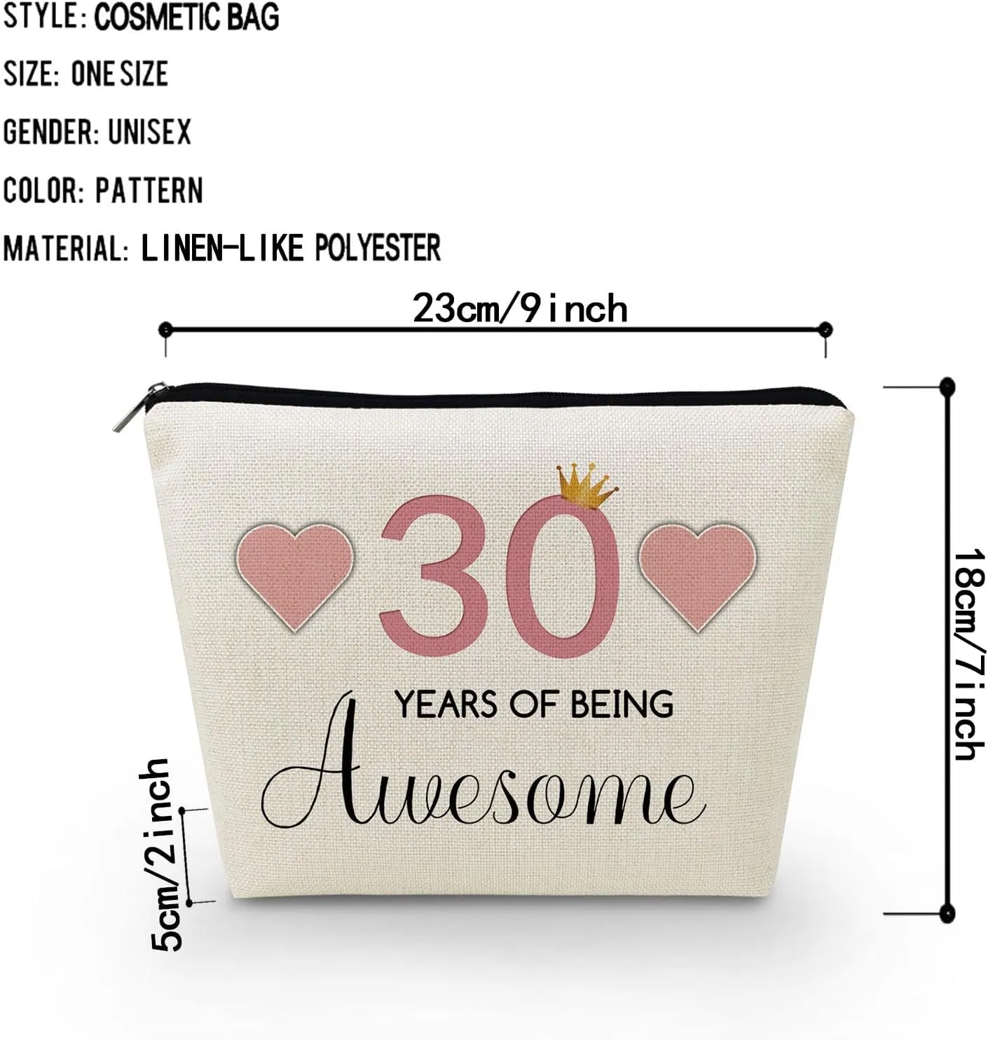 30th Birthday Gift Makeup Bag Cute Small Makeup Organizer Bag Travel Toiletry Zipper Pouch for 30-Year-Old Women Happy Birthday Gift Pink 30 Awesome Makeup Bag for Friends BFF