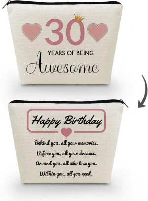 30th Birthday Gift Makeup Bag Cute Small Makeup Organizer Bag Travel Toiletry Zipper Pouch for 30-Year-Old Women Happy Birthday Gift Pink 30 Awesome Makeup Bag for Friends BFF