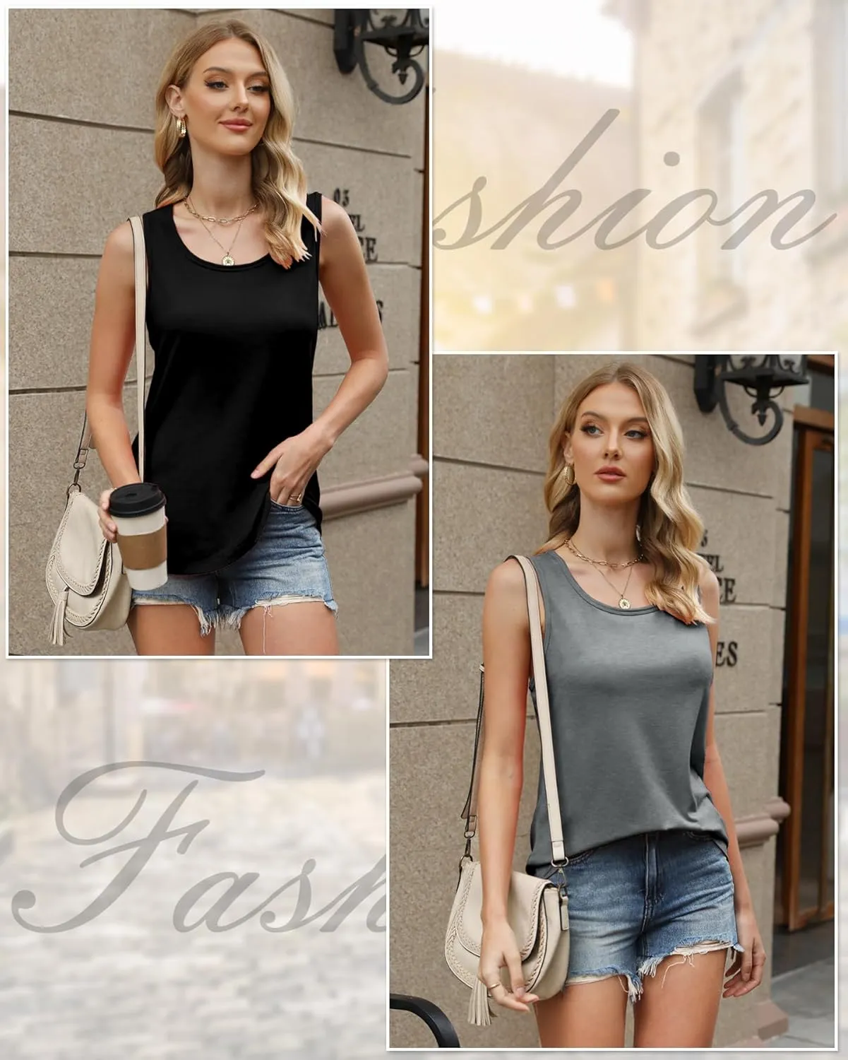 4 Pack Womens Round Neck Tank Tops Casual Loose Fit Sleeveless Summer Tops Basic Shirts Flowy Curved Hem Clothes