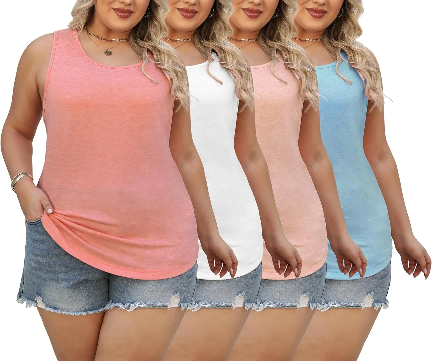 4 Pack Womens Round Neck Tank Tops Casual Loose Fit Sleeveless Summer Tops Basic Shirts Flowy Curved Hem Clothes
