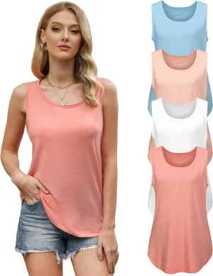4 Pack Womens Round Neck Tank Tops Casual Loose Fit Sleeveless Summer Tops Basic Shirts Flowy Curved Hem Clothes