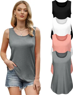 4 Pack Womens Round Neck Tank Tops Casual Loose Fit Sleeveless Summer Tops Basic Shirts Flowy Curved Hem Clothes