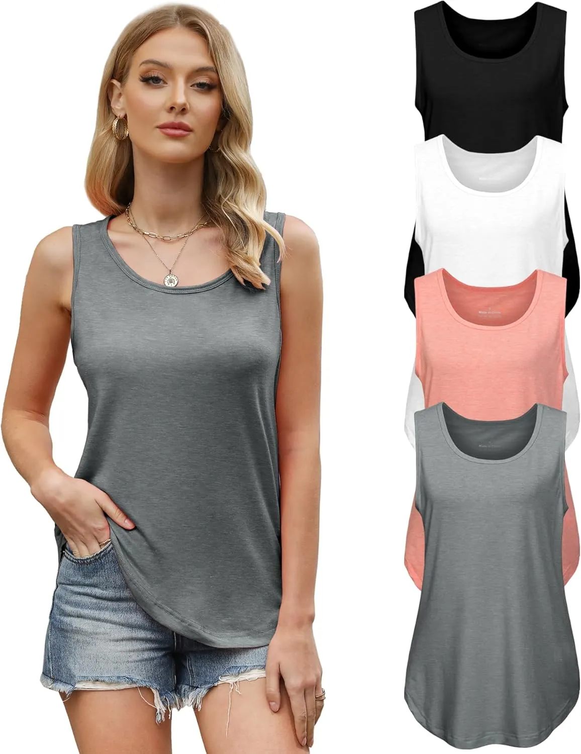 4 Pack Womens Round Neck Tank Tops Casual Loose Fit Sleeveless Summer Tops Basic Shirts Flowy Curved Hem Clothes