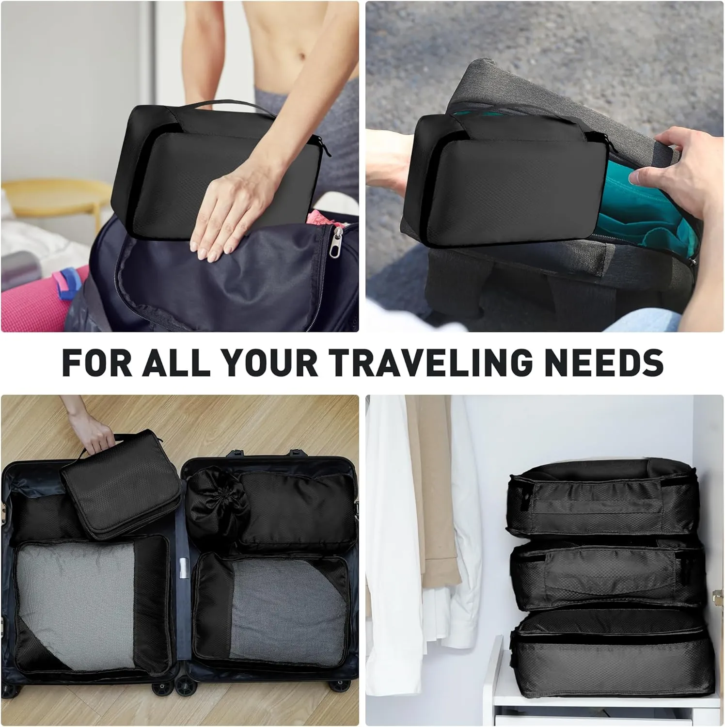 8 Set Packing Cubes for Travel Women Men Kids, Mesh Suitcase Organizer Bags Set for Luggage, 4 Sizes Extra Large, Large, Medium, Small, Travel Camping Essentials Accessories, Black