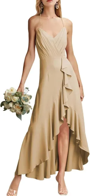 A Line Bridesmaid Dresses for Women Chiffon High Waist Formal Maid of Honor Evening Gowns Hi Low Prom Gowns