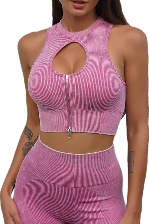 ABOCIW Leggings for Women Workout Sets 2 Piece Seamless Ribbed Keyhole Zip Crop Tank Top High Waist Scrunch Butt Lift Leggings Yoga Pants Gym Clothes Z-Dark Pink Medium