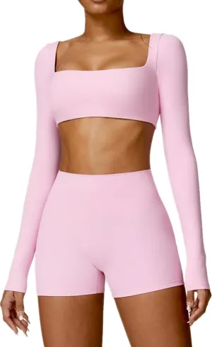ABOCIW Workout Sets for Women 2 Piece Square Neck Long Sleeve Crop Tops High Waist Biker Shorts Gym Sets