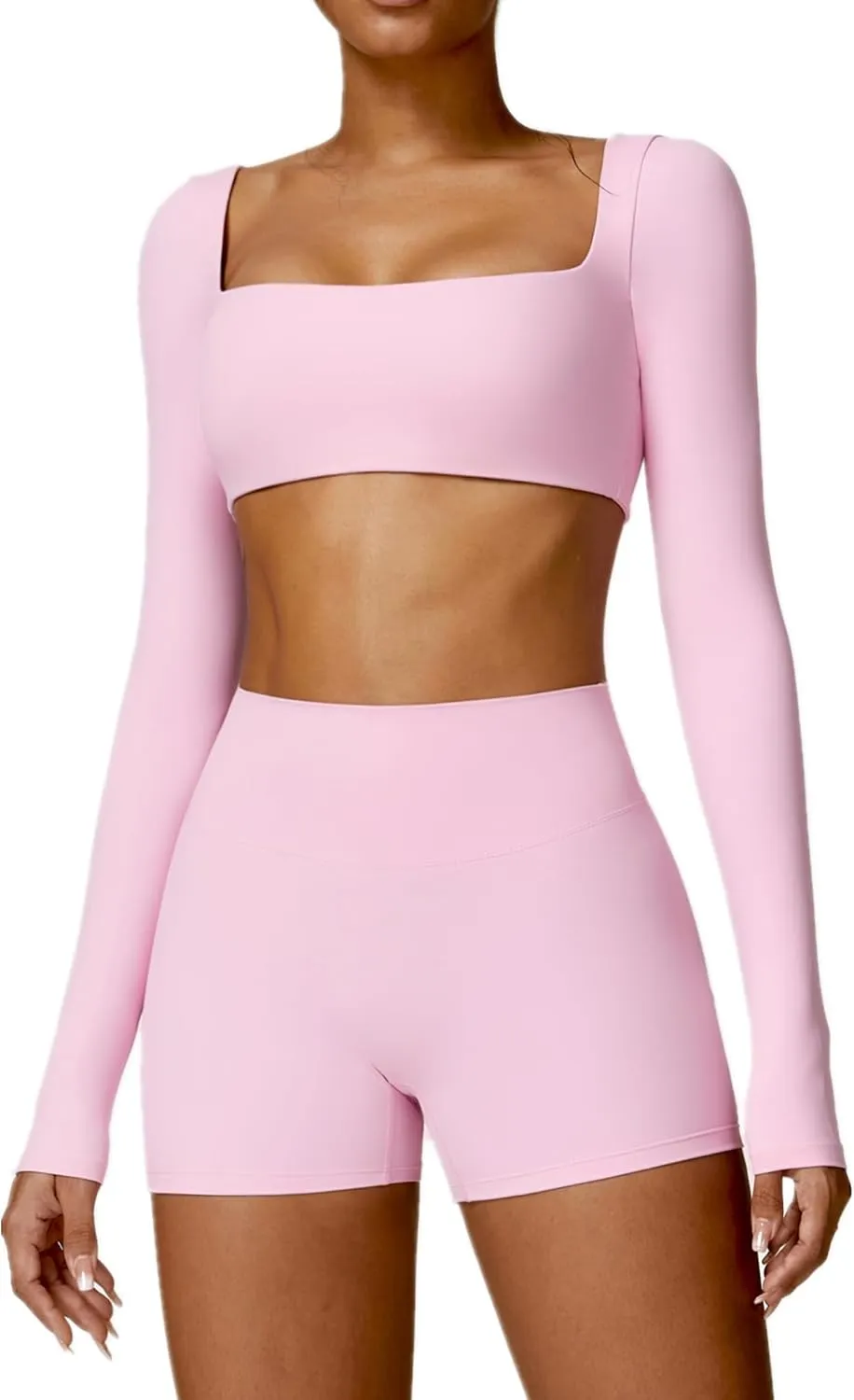 ABOCIW Workout Sets for Women 2 Piece Square Neck Long Sleeve Crop Tops High Waist Biker Shorts Gym Sets