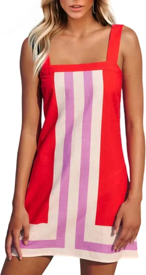 Ailoqing 2025 Women Boho Floral Mini Dress Summer Casual Color Block Beach Overall Striped Dress Coverups