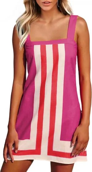 Ailoqing 2025 Women Boho Floral Mini Dress Summer Casual Color Block Beach Overall Striped Dress Coverups