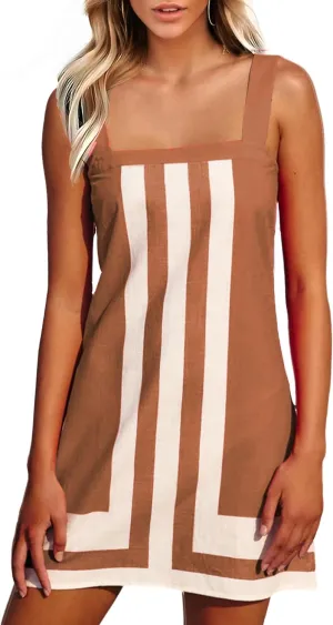 Ailoqing 2025 Women Boho Floral Mini Dress Summer Casual Color Block Beach Overall Striped Dress Coverups