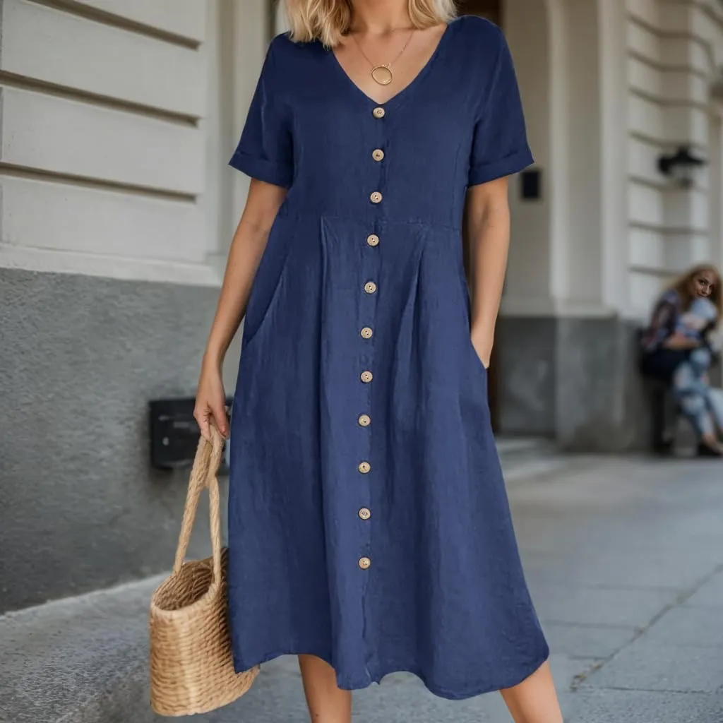 Akivide Women's 2025 Summer Linen Button Down Midi Dresses Plus Size Short Sleeve Beach Flowy Dress for Women with 2 Pockets